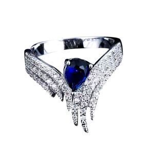 Wing Angel Ring Inlaid Zircon Blue and Diamond Silver Plated